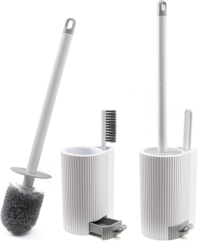 Toilet Bowl Brush and Holder 2 Pack Long Handled Toilet Brush for Bathroom with 2 Crevice Brushes Deep-Cleaning Plastic Toilet Scrubber Brush Set (White)