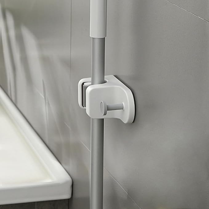 So Nice Mop and Broom Holder (No Drill & Strong Adhesive) Wall Mount with Key Hook, All-in-One Organizer for Bathroom & Kitchen (Holds Towels & Sponges), Fits 0.75-1.2 Inch Handles, White