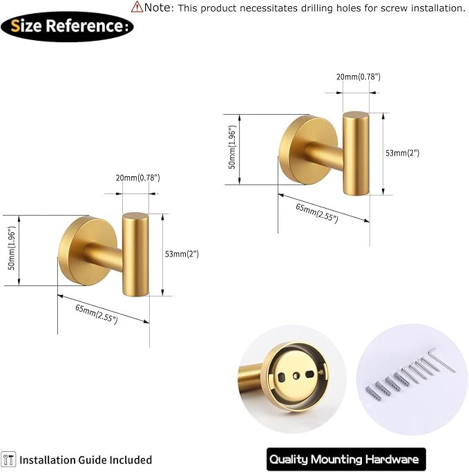 GERZWY SUS 304 Stainless Steel Gold Coat Hook Bathroom Single Towel/Robe Clothes Hook for Bath Kitchen Wall Mounted 2 Pack AG1107B-BE