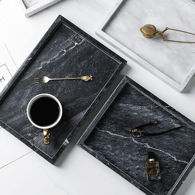 Black Marble Tray, Stone Bathroom Tray, Decorative Holder for Tissrue, Candle, Soap, Towel, Plant (Black - 10 x 6)
