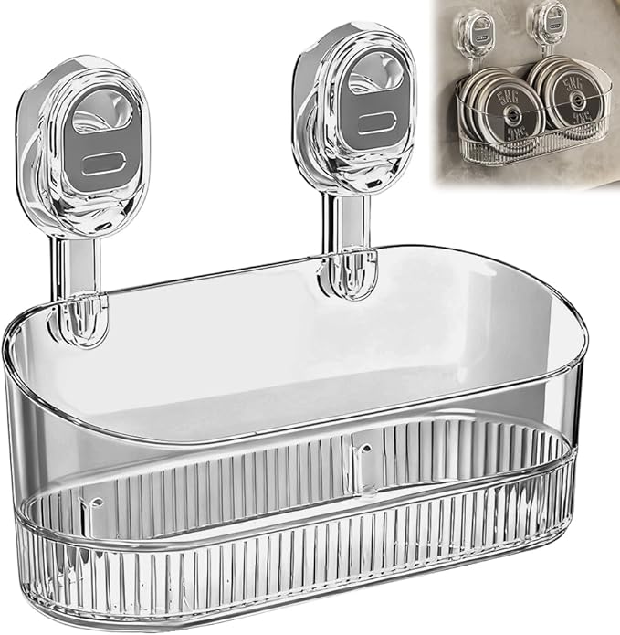 No Drill Bathroom Suction Storage Box, 2026 New Suction Cup Shelf, Multi Functional Wall-Mounted Organizer for Home Bathroom, Modern Transparent Storage Basket for Family (Grey)
