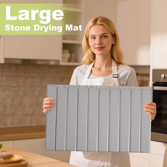 Large Stone Dish Drying Mat for Kitchen Counter, Ultra Absorbent Diatomaceous Earth Mat with PU Leather Cover Stain-resistant Quick Drying, Collapsible Stone Mats for Dishes Cups 23.6"x15.3"