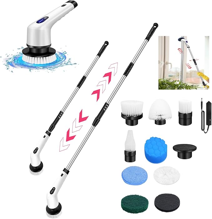 Electric Spin Scrubber Bathroom Scrubber Electric Shower Scrubber for Cleaning, 10 Replaceable Brush Heads and Extension Handle, Power Cleaning Brush for Bathroom Shower Floor Tile, EMD