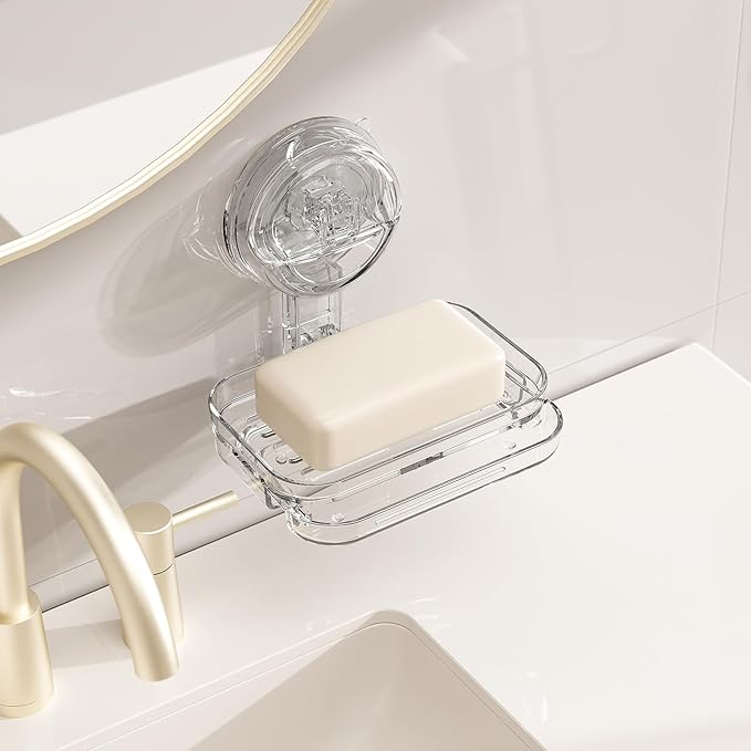 Soap Dish for Shower Clear Acrylic Soap Holder with Self-Draining Design No Drilling Required Strong Fixation for RV Bathroom and Kitchen Easy to Clean and Space Saving(2pack Suction Cup)