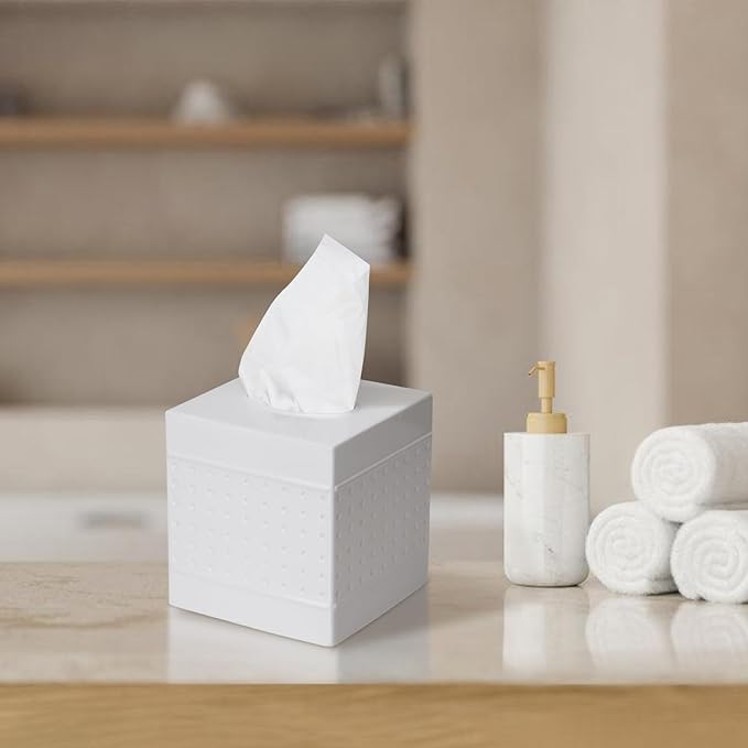 Industrial Style Tissue Box Cover with Bamboo Lid, Tissue Holder, Square Box Covers,for bedrooms, Offices, bathrooms, Living Rooms etc.(White)