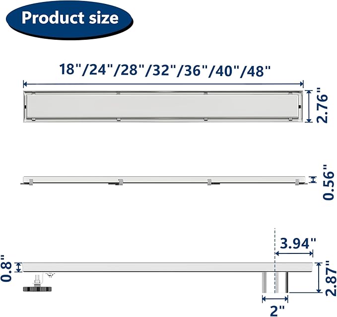 Neodrain 28-Inch Offset Linear Shower Drain with Tile Insert Grate Cover, Brushed 304 Stainless Steel Rectangle Side Outlet Shower Floor Drain, Adjustable Leveling Foot, Hair Strainer/Catcher