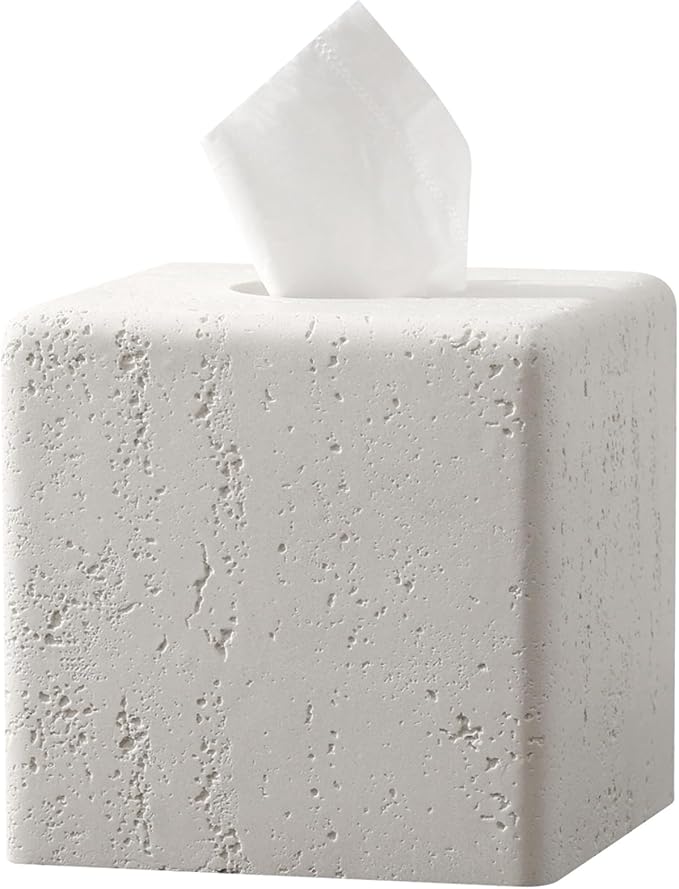 Tissue Box Cover Square, Resin Facial Tissue Holder Covers Toilet Paper Holder Decorative Travertine Paper Dispenser Home Decor for Bathroom Bedroom Living Room Office (Off White)