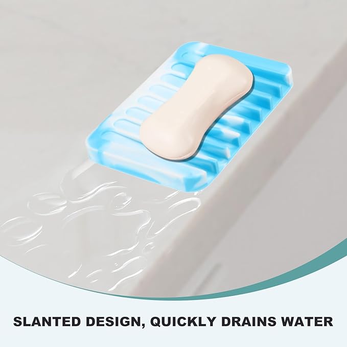 uxcell 2 Pcs Self Draining Silicone Soap Dish, Soap Tray with Drainage for Bathroom Shower Kitchen Sink, 4.5" x 3.1" x 0.4", Blue/White