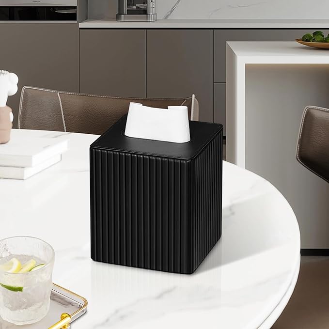 PU Leather Tissue Box Cover Square Tissue Box Holder with Magnetic Closure (Black Stripe)