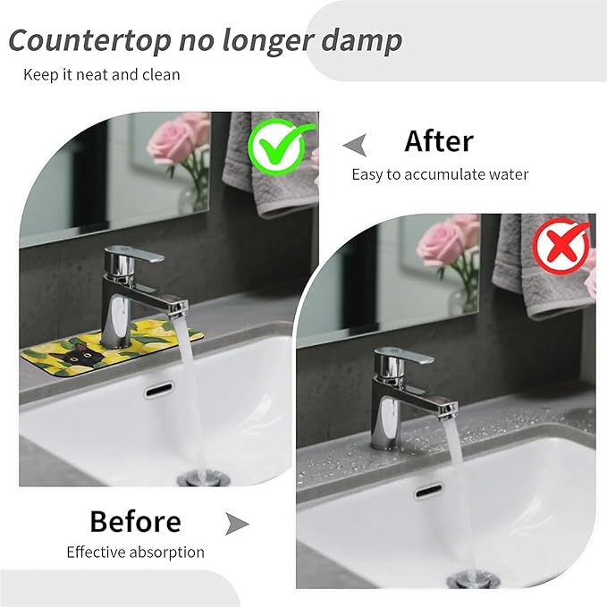 Kitchen Sink Splash Guard，Lemons and Cat Faucet Mat Sink Gadgets-Super Absorbent Fast Drying Mat Drip Catcher for Kitchen, Bathroom,Sink Mat, Dish Drying Mat, Bathroom(15" X 5.5" )