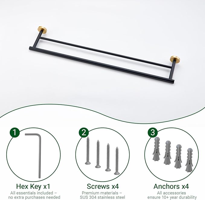 Miyili 30-Inch Bathroom Double Towel Bar SUS 304 Stainless Steel Bath Towel Rack Holder Wall Mount Black & Gold, A01BG75B