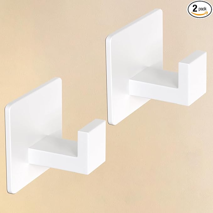 VAEHOLD Wall Towel Hooks, Heavy Duty Sticky Holder Waterproof Towel Hooks for Hanging Coat, Clothes, Closet Hook Wall Mount for Kitchen (White, 2 Pack)