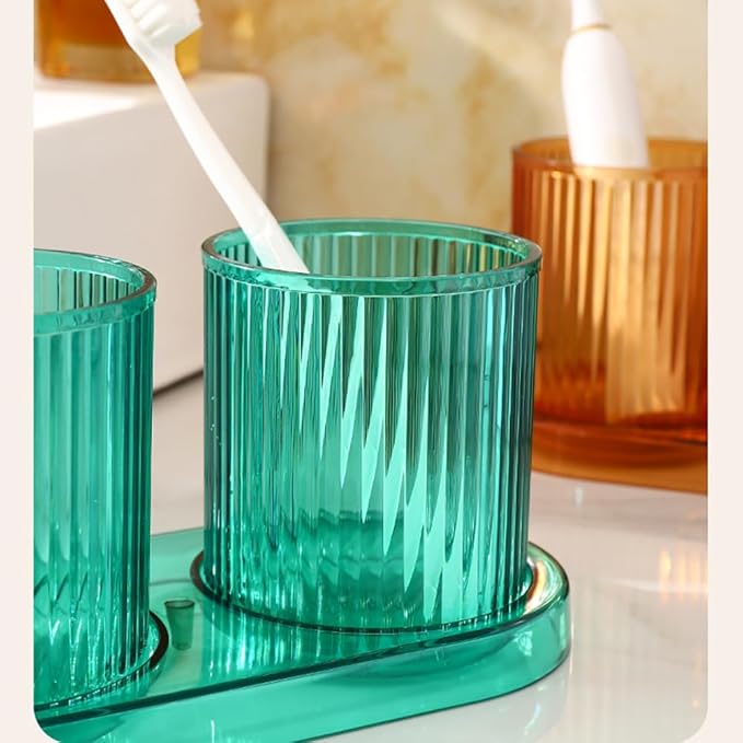 Bathroom Tumbler 2 Pieces ，Unbreakable Toothbrush Cup，Dishwasher Safe Drinking Cup (Green & Green)