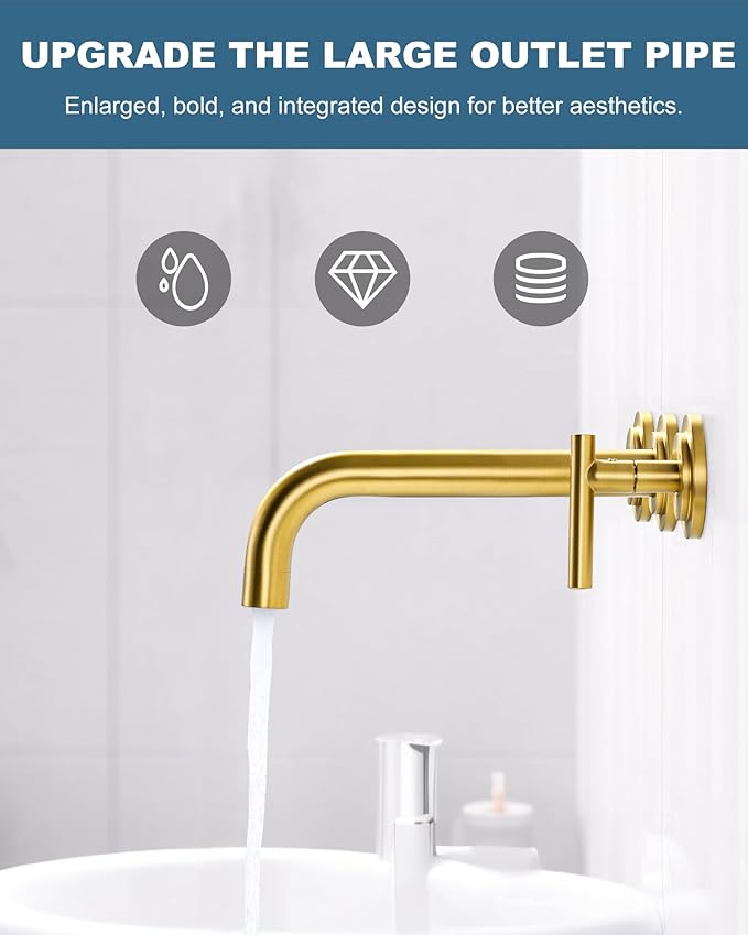 WOWOW Wall Mount Bathroom Faucet Gold Wall Faucet High Flow Two Handles Stainless Steels,Long Spout Reach,Widespread Bathroom Sink with Rough-in Valve 3 Holes Elegant Classic Spout