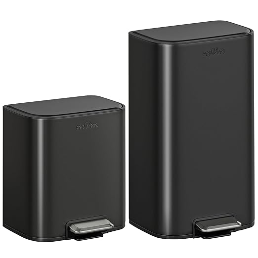 mVm 8 Gallon Trash Can Set, Tall and Small Black Trash Can 13 Gal Set, Smooth Edge Garbage Bin for Home Office (Black)