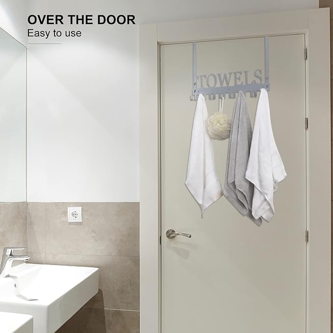 Over The Door Hooks, Heavy Duty Wall Mount Towel Hanger with 8 Hooks for Bedroom, Bathroom, Kitchen Towels, Silver