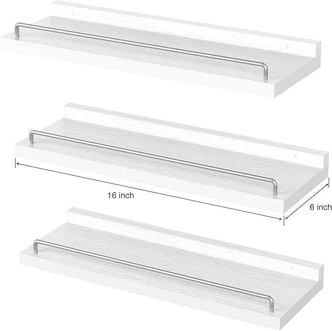 Floating Shelves for Wall Decor, White and Grey Shelves for Bathroom, Living Room, Bedroom, Picture Frames, Plants, Kitchen (Set of 3)