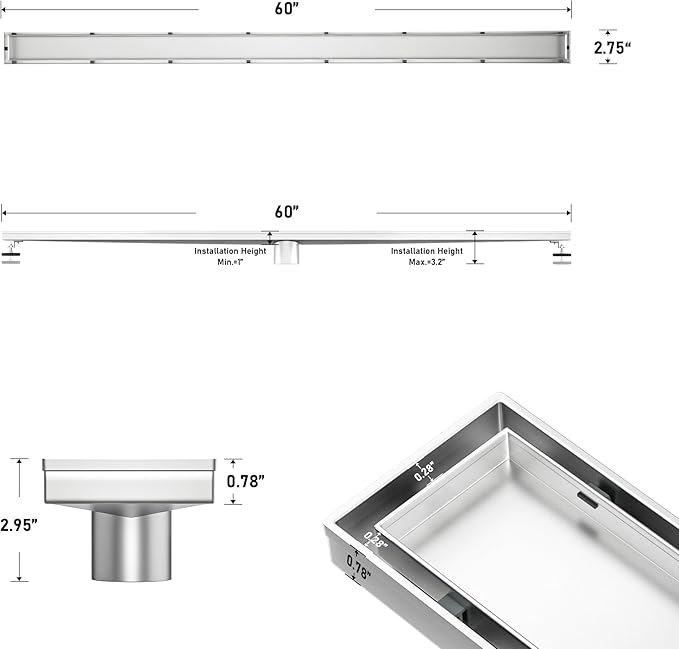 Linear Shower Drain 60" Brushed 304 Stainless Steel | Fast Drainage | Tile Inserted | Stainless Floor Drain Grate | Hair Strainer | Drain Key | The Upgrade for Your Bathroom