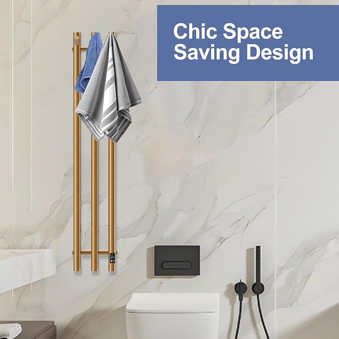 Electric Heated Towel Rack with Timer, Wall-Mounted Towel Warmer, 3 Vertical Bars, Silver, Plug-in or Hardwired, 37.4 Inch Height, Round Design (Gold)