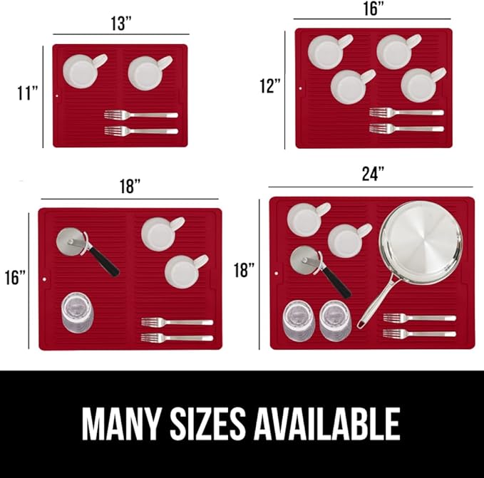 GORILLA GRIP 100% BPA-Free Patented Silicone Dish Drying Mat for Kitchen Counter, 18x24 Inch, Water Catching Ribbed Design, Easy Clean Waterproof Sink Liner, Heat Resistant, Fits Under Rack, Red