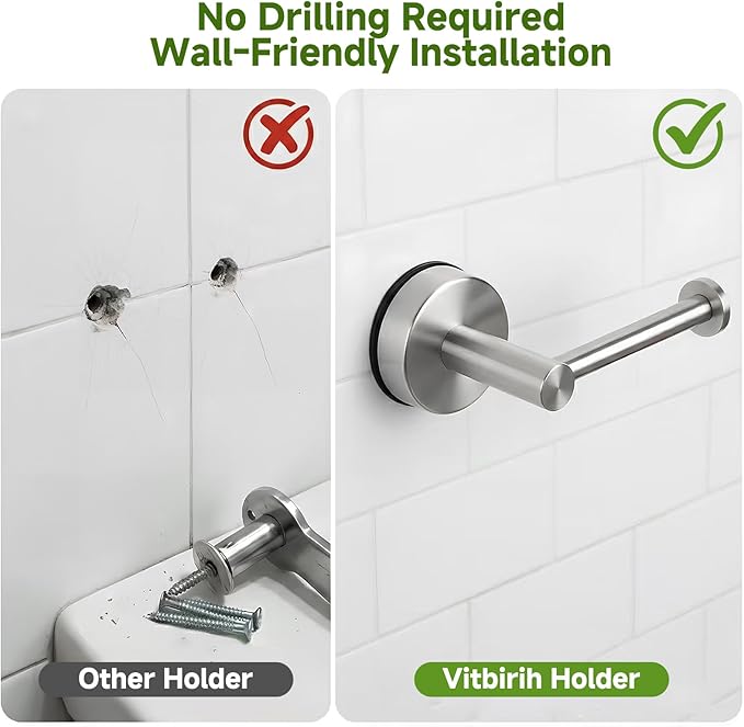 Stainless Steel Toilet Paper Holder with Suction Cup, No Drilling Wall Mounted Bathroom Tissue Roll Holder Brushed Nickel, Removable Vacuum Suction Base for Bathroom, Apartment, RV