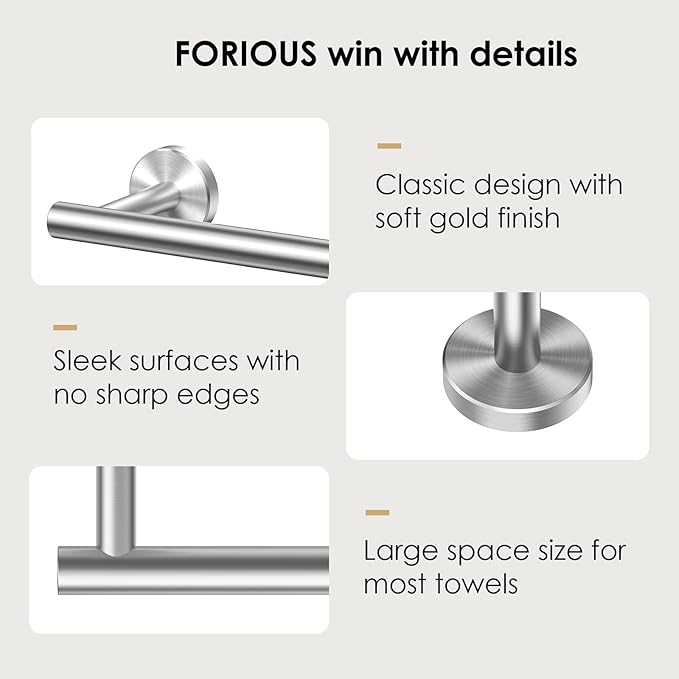 FORIOUS Towel Racks for Bathroom Wall Mounted, Stainless Steel Bathroom Towel Rack 24 Inch, Includes Wall Mounting Hardware (Brushed Nickel, Total Length 26-Inch), 2 Pack