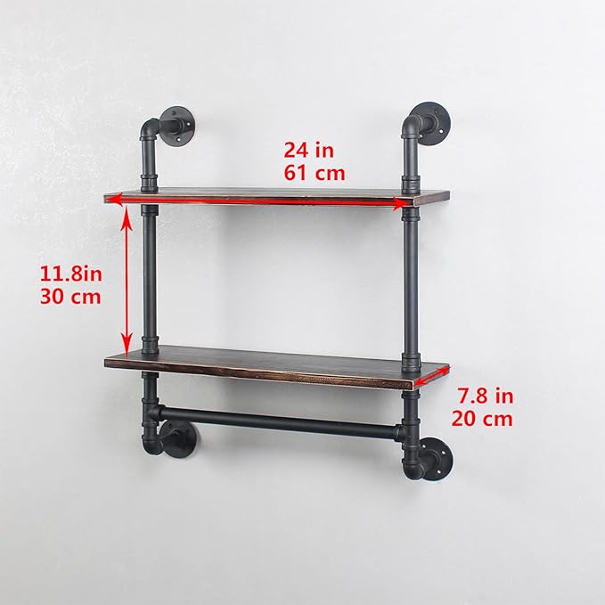 MBQQ Pipe Shelving,Iron Pipe Shelves Industrial Bathroom Shelves with Towel bar,24in Rustic Metal Pipe Floating Shelves Pipe Wall Shelf,2 Tier Industrial Shelf Wall Mounted,Retro Black