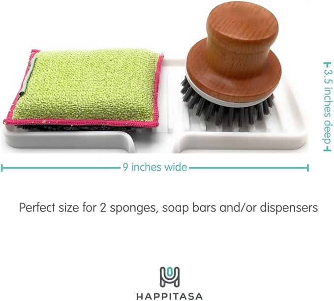 Happitasa Silicone Soap Dish Tray and Sponge Holder with Drain Chute | Bathroom and Kitchen Sink Organizer Caddy (White, 9"x3.5", 5.6 Ounces)