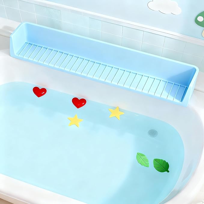 Bathtub Splash Guard for Tub Kids, Longer Silicone Water Splash Guard for Bathtub, Toy Holder Play Shelf for Bathtime，Silicone Tub Splash Guard Prevent Water Spills in Bathroom (Blue)