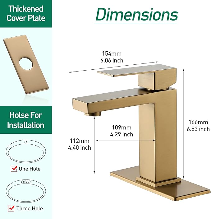 VOTON Brushed Gold Bathroom Faucet, Modern Bathroom Faucet 1 Hole, Single Handle Bathroom Sink Faucet Brushed Gold with Deck Plate & Water Supply Hoses