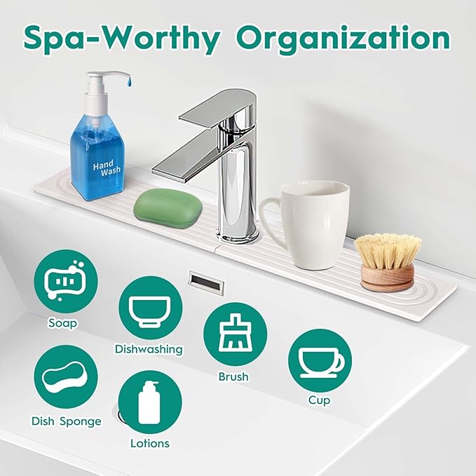 16 Inch Stone Faucet Mat for Kitchen Sink,Kitchen Sink Splash Guard-Water Absorbing Stone Tray for Sink,Super Absorbent, Diatomite Protector with Drainage for Kitchen Bathroom Counter(White）