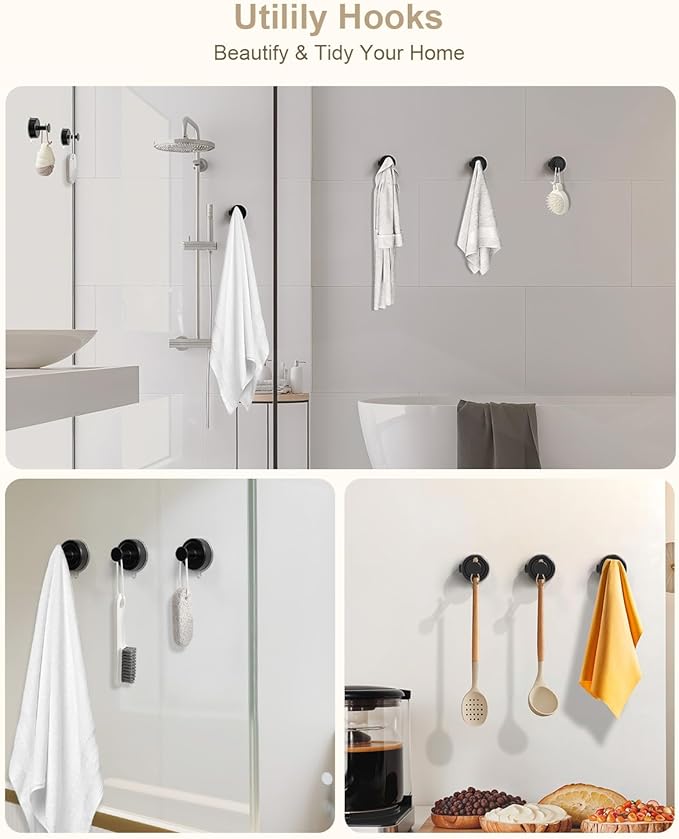 JOTPE Suction Cup Hooks, Hanging up to 22 lbs, Easy to Install, Removable Towel Hooks for Bathrooms,Kitchen,Glass Door,Mirror,Tile - Hangable Loofah,Towel,Coat,Bath Robe,Door Wreaths -2 Pack (Black)