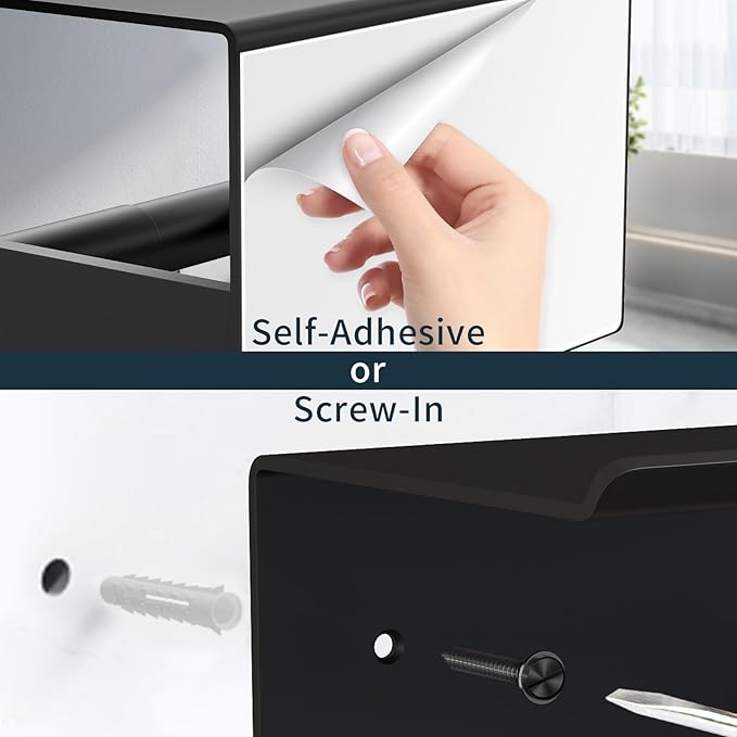 Toilet Paper Holder with Shelf Wall Mount, Self Adhesive or Screw in, Tissue Holder for Bathroom Washroom RV with Spring Rod, Matte Black