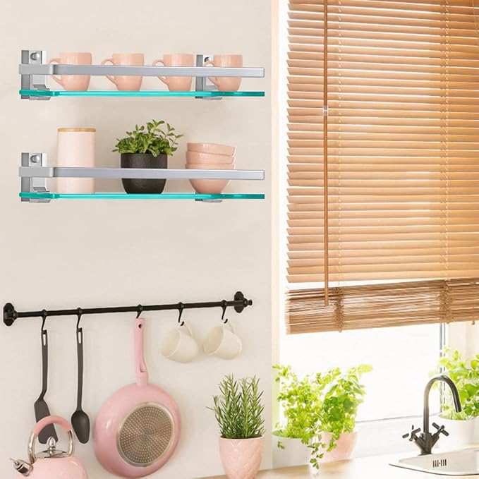 2-Pack Tempered Glass Bathroom Shelf with Rail, 15" x 4.5" Rectangular Shower Caddy, Wall Mounted Floating Shampoo Holder for Lavatory, Kitchen, Living Room