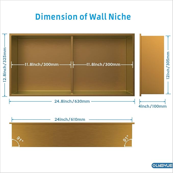 Shower Niche No Tile Needed: Stainless Steel Double Layer - 12"x24" Recessed Wall Niches Shelves for Bathroom Kitchen Toilet Storage - Brushed Gold