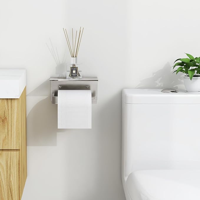 Toilet Paper Holder with Phone Shelf, Brushed Nickel Toilet Paper Holder Wall Mount, Rustproof Stainless Steel Bathroom Storage