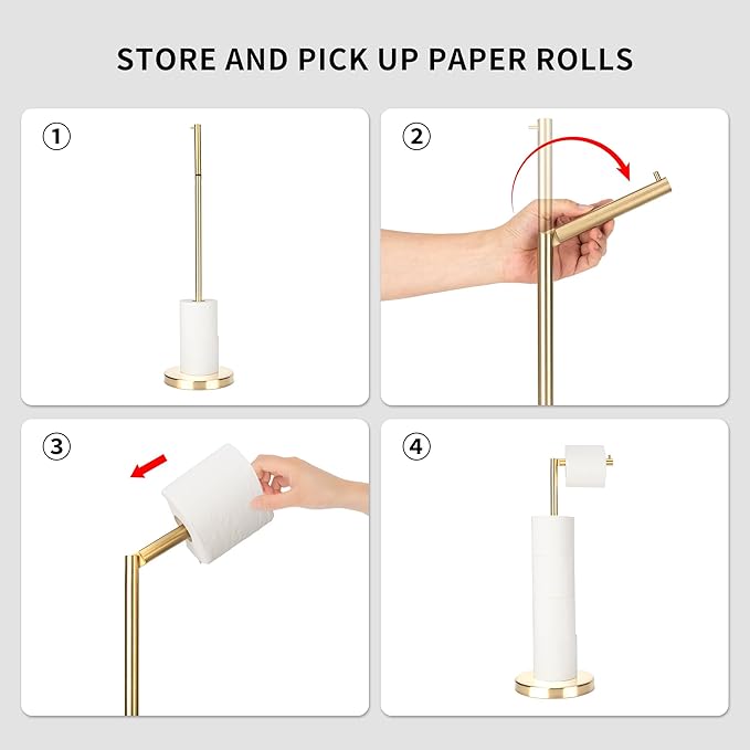 Brushed Gold Toilet Paper Holder Stand 1 pc, Free Standing Toilet Paper Holder Stand,Bathroom Toilet Paper Storage with 2.7 Pounds Heavy Base for 4+1 Rolls,Toilet Tissue Holder