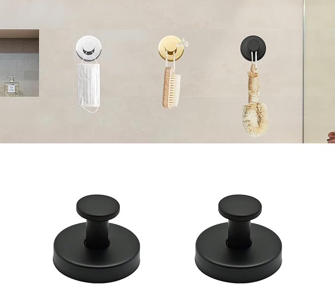 2 PCS Suction Cup Hooks for Bathroom, Stainless Steel Suction Hooks Mounting on Shower Glass Doors, Tile, Mirrors (Black)