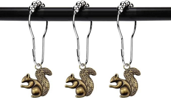 ZILucky12 Pcs Squirrel Shower Curtain Hooks, Stainless Steel Rustproof, Shower Curtain Rings, Minimalist Modern Decorative Design (Bronze-Squirrel)