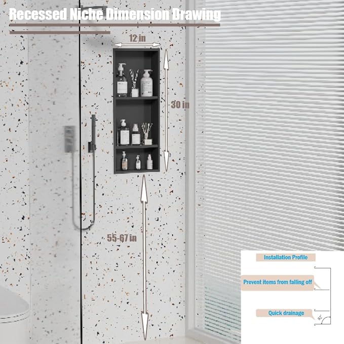 Stainless Steel Niche for Shower Wall，Shower Niche Insert Tile Ready ，Organizer Storage for Room，3-Tier Shelves ，Matte Black (Black，30 * 12 in)