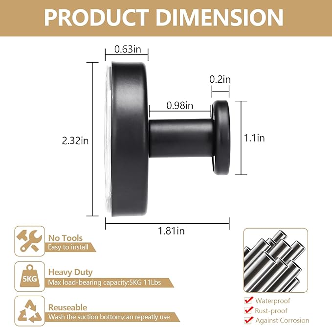Towel Hook Shower Suction Hooks Towel Hanger for Bathroom Hanging Coat, Robe, Removable Wall Mounted Hook for Bedroom Kitchen Hotel Pool Matte Black(4-Pack)