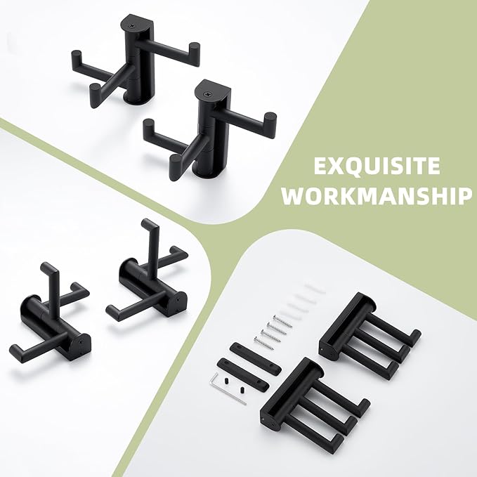 Suyar Towel Hook for Bathroom, SUS 304 Stainless Steel Swivel Coat Robe Holder with 3 Foldable Arms, Wall Hook Matte Black, 2 Pack