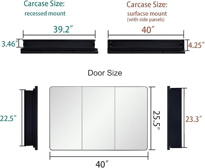 Lighted Bathroom Medicine Cabinet with Round Corner Framed Mirror Door 40 x 25.5 inch, Recessed or Surface Mount, with Adjustable Glass Shelves