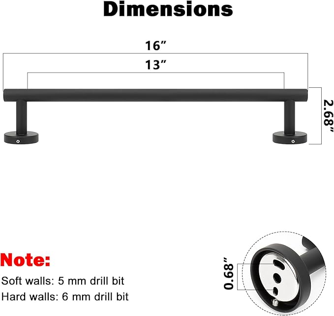 NearMoon Bath Towel Bar, Thicken Stainless Steel Shower Towel Rack Holder Wall Mounted for Bathroom, 16-lnch Overall Length-13-lnch Usable Hanging Space (2 Pack, Matte Black)