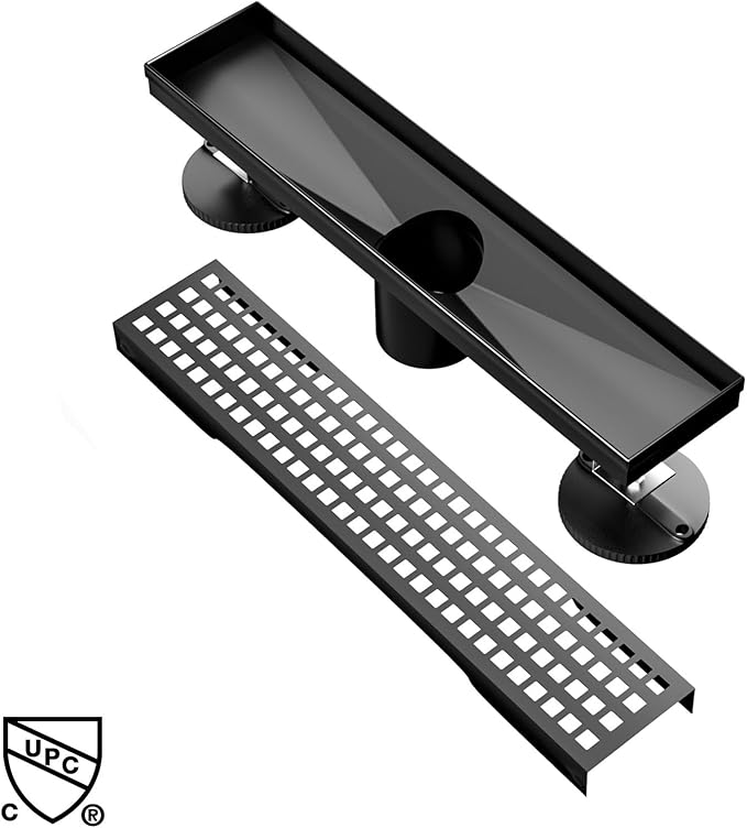Linear Shower Drain 12 Inch Rectangular Floor Drain with Removable Square Hole Cover and Hair Catcher, Long Shower Drains 304 Stainless Steel CUPC Certified (Matte Black)
