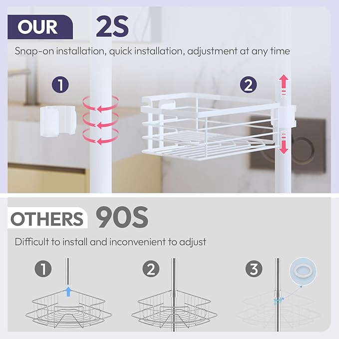SWTYMIKI Shower Caddy Tension Pole - 4-Tier Corner Shower Organizer Tension Rod with Soap Holder, Toothbrush Holder & 4 Hooks, Adjustable Stainless Steel Bathroom Organizer 27.6 to 108.3 inch, White