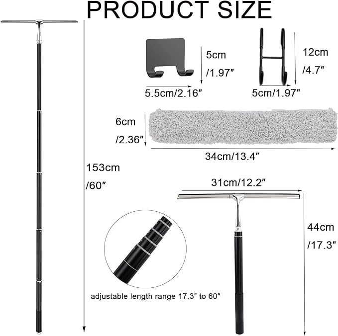 17.3″-60″ Telescopic Squeegee for Window Cleaning, Shower Squeegee for Glass Doors, Outdoor Window Cleaner Tool for Car Windshield Floor Tile Wall
