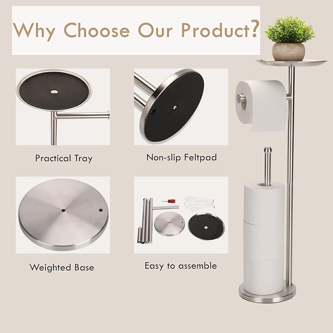 Toilet Paper Holder Freestanding with Big Shelf, 4 Rolls Reserve Paper Holder Stand, Modern Paper Roll Holder with Storage Space for Phones (Brushed Nickel)