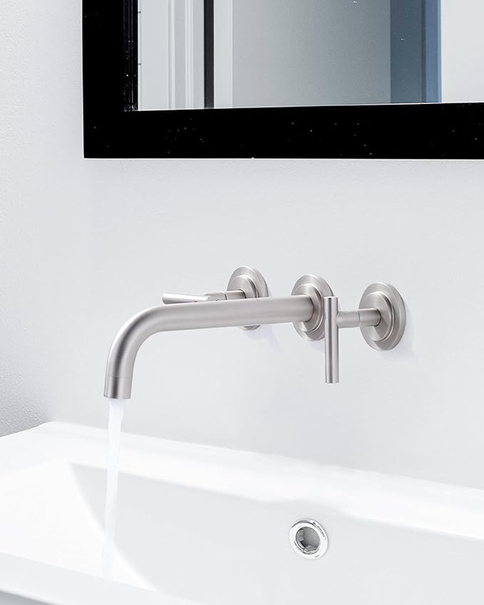 WOWOW Wall Mount Bathroom Faucet, Brushed Nickel, Modern Style, 3 Hole, Dual Lever Handles, Drip Proof, Stainless Steel, Chrome Finish