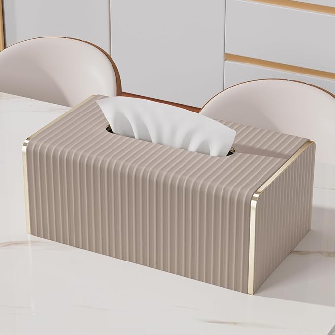 Tissue Box Cover,Beige Rectangle Leather Tissue Box Holders with Gold-Tone Edging Accents,Decorative Tissue Covers for Bathroom Toilet Bedroom Living Room Table Desk Office Car